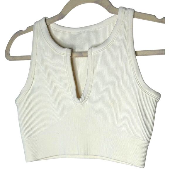 Cream Ribbed Knit Cut Front V-Neck Soft Sports Bra Crop Top No Inserts Medium - Picture 1 of 9